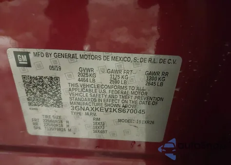 2019 Chevrolet Equinox Lt z USA, uszkodzony, nr VIN 3GNAXKEV1KS670045